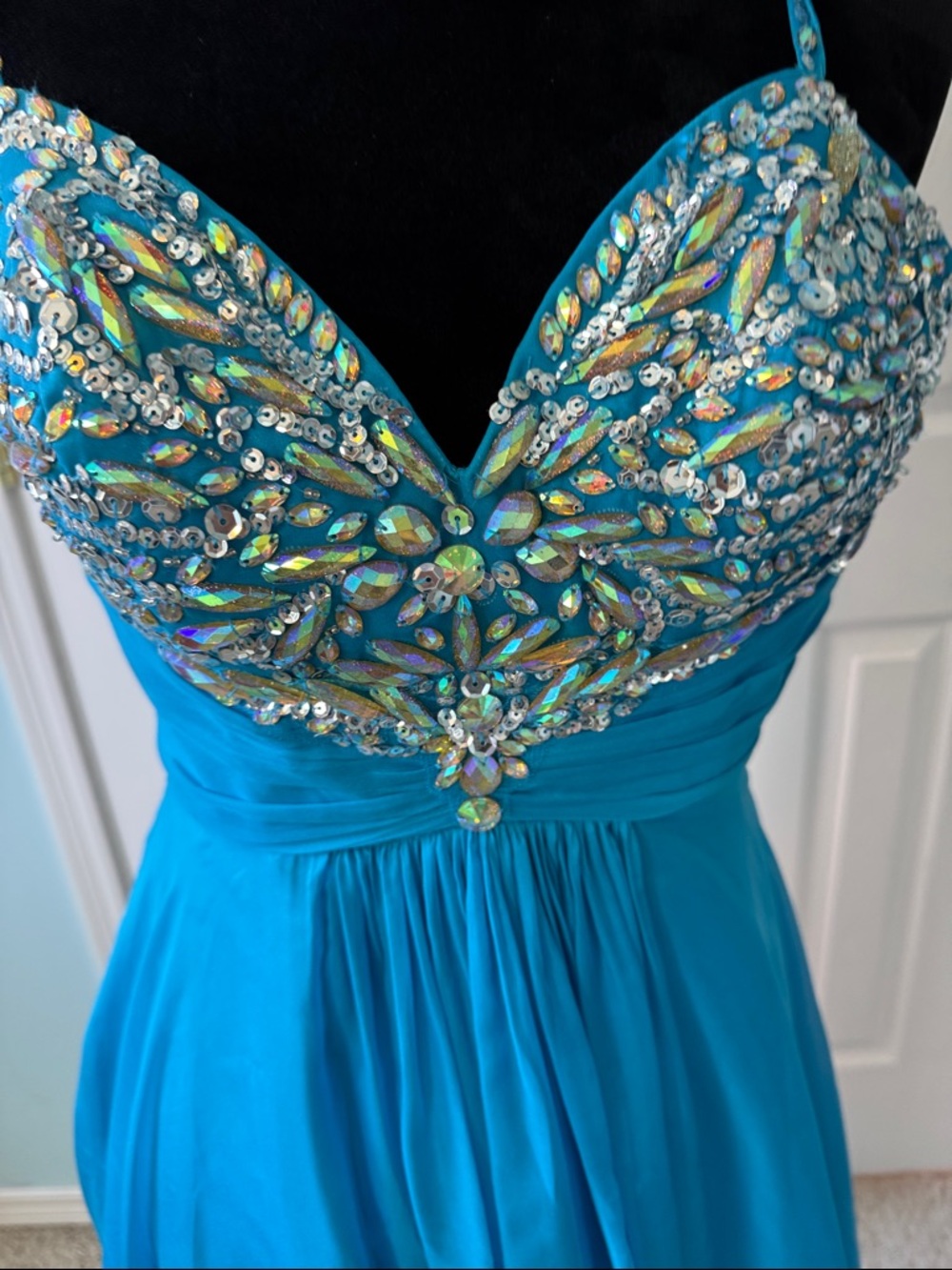 Teal Blue Beaded Prom Dress with V-Neck and Spaghetti Straps